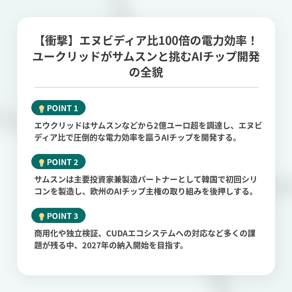 【衝撃】エヌビディア比100倍の電力効率!ユークリッドがサムスンと挑むAIチップ開発の全貌の注目ポイントまとめ