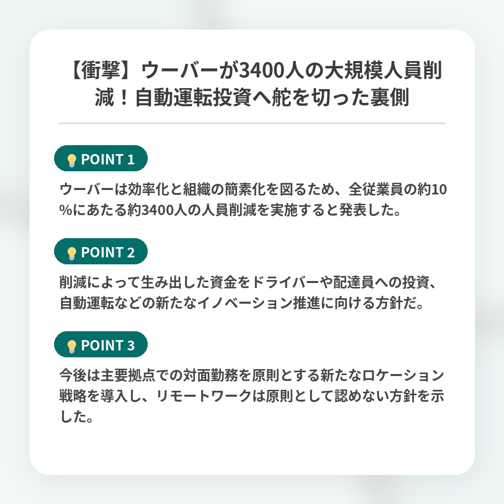 【衝撃】ウーバーが3400人の大規模人員削減！自動運転投資へ舵を切った裏側の注目ポイントまとめ