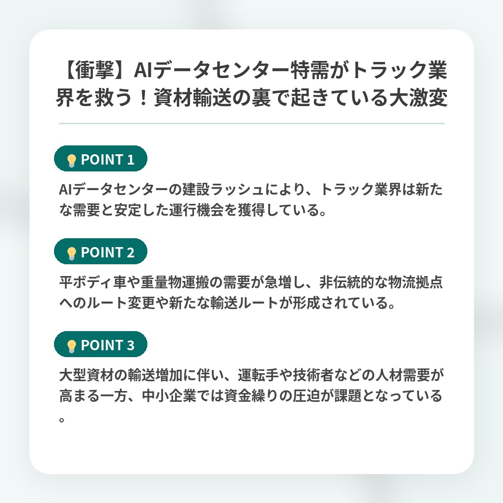 【衝撃】AIデータセンター特需がトラック業界を救う!資材輸送の裏で起きている大激変の注目ポイントまとめ