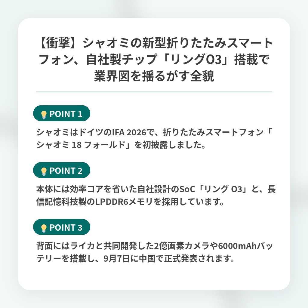 【衝撃】シャオミの新型折りたたみスマートフォン、自社製チップ「リングO3」搭載で業界図を揺るがす全貌の注目ポイントまとめ