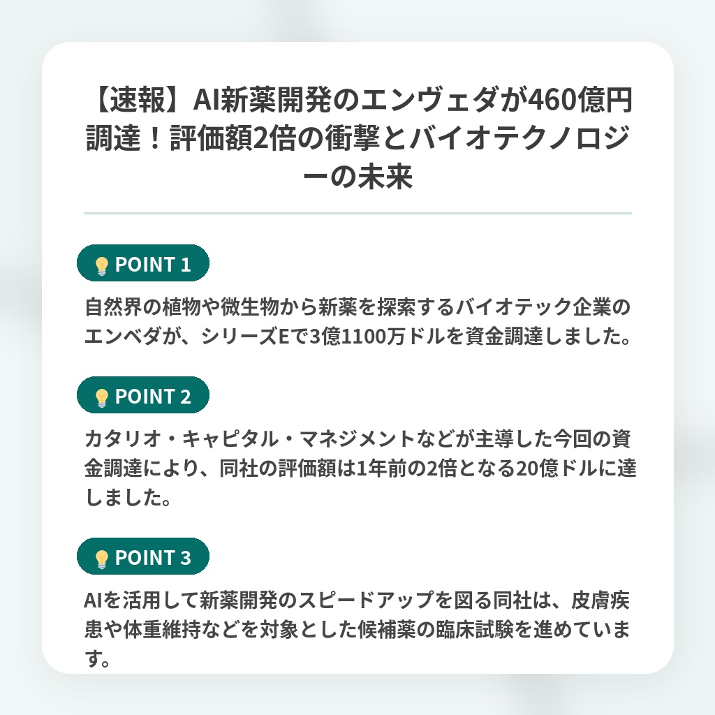 【速報】AI新薬開発のエンヴェダが460億円調達！評価額2倍の衝撃とバイオテクノロジーの未来の注目ポイントまとめ