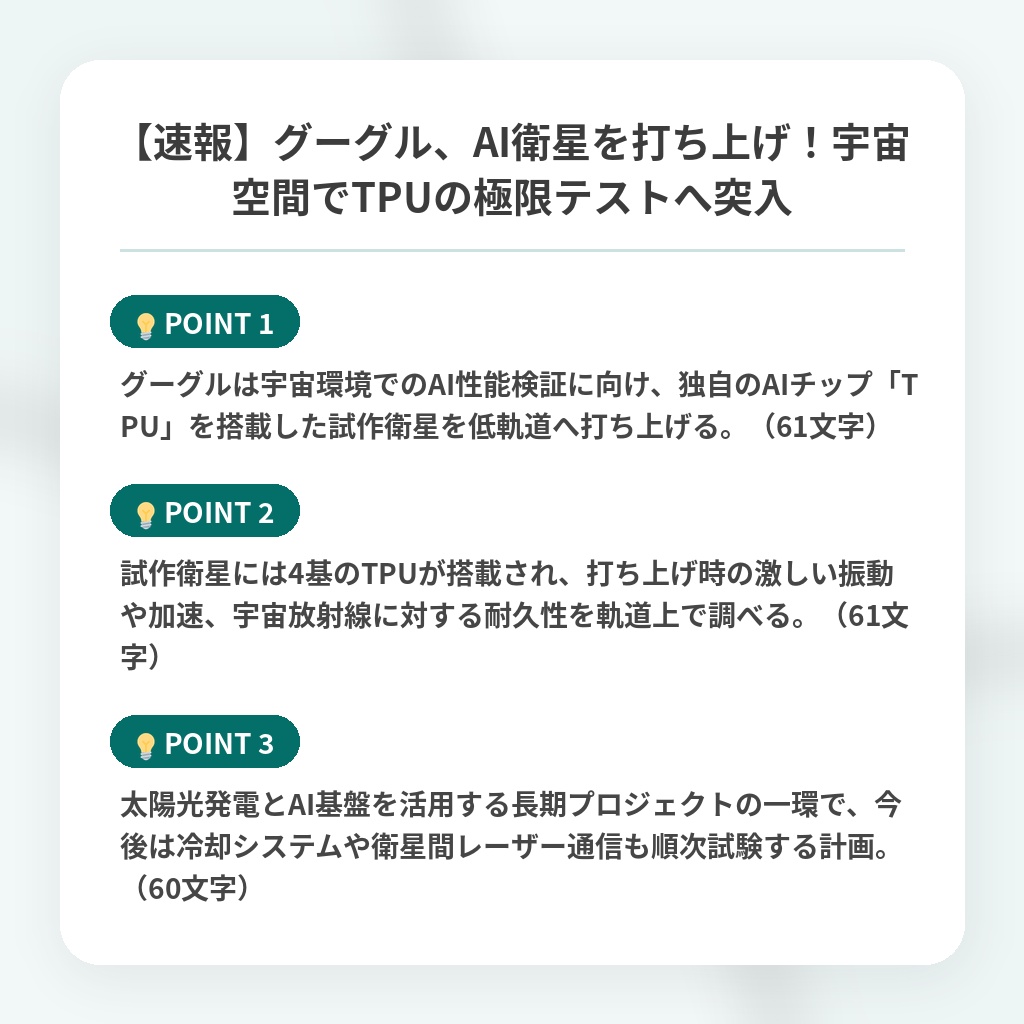 【速報】グーグル、AI衛星を打ち上げ!宇宙空間でTPUの極限テストへ突入の注目ポイントまとめ