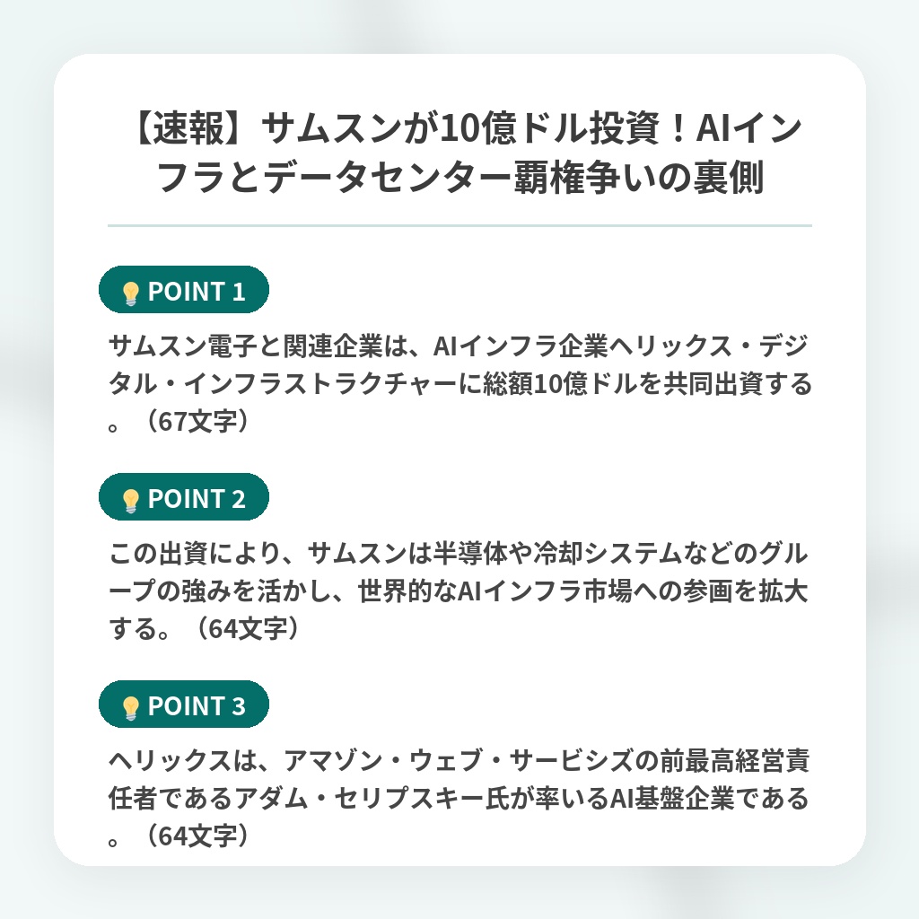 【速報】サムスンが10億ドル投資!AIインフラとデータセンター覇権争いの裏側の注目ポイントまとめ