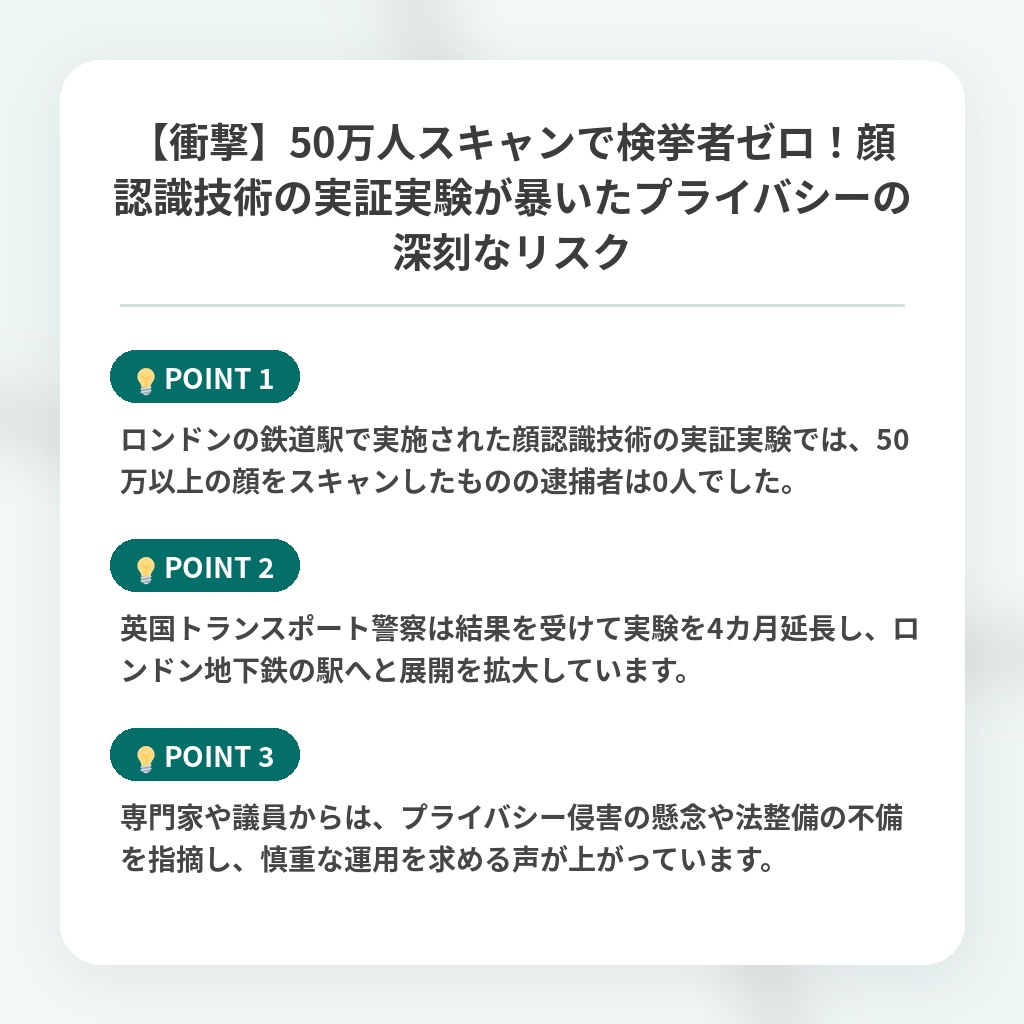 【衝撃】50万人スキャンで検挙者ゼロ!顔認識技術の実証実験が暴いたプライバシーの深刻なリスクの注目ポイントまとめ