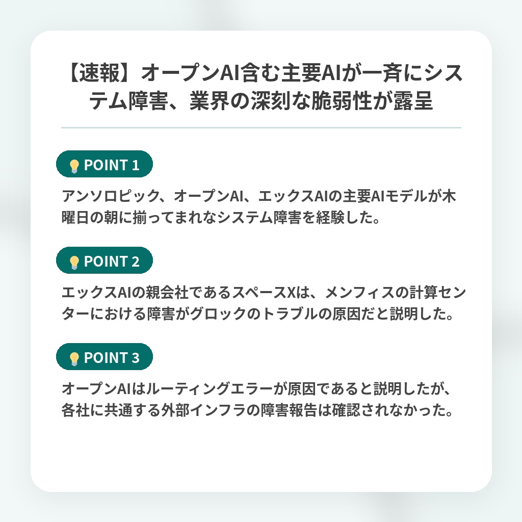 【速報】オープンAI含む主要AIが一斉にシステム障害、業界の深刻な脆弱性が露呈の注目ポイントまとめ