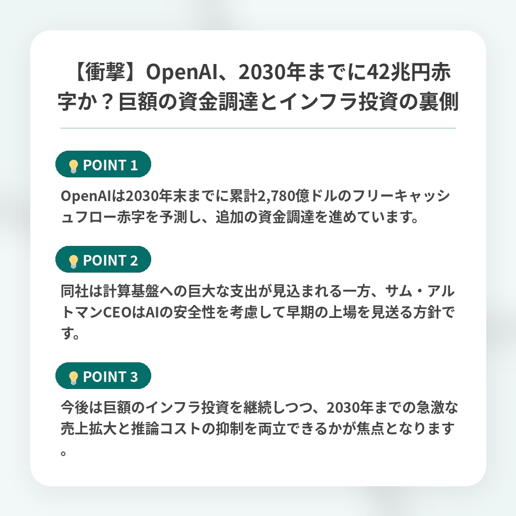 【衝撃】OpenAI、2030年までに42兆円赤字か?巨額の資金調達とインフラ投資の裏側の注目ポイントまとめ