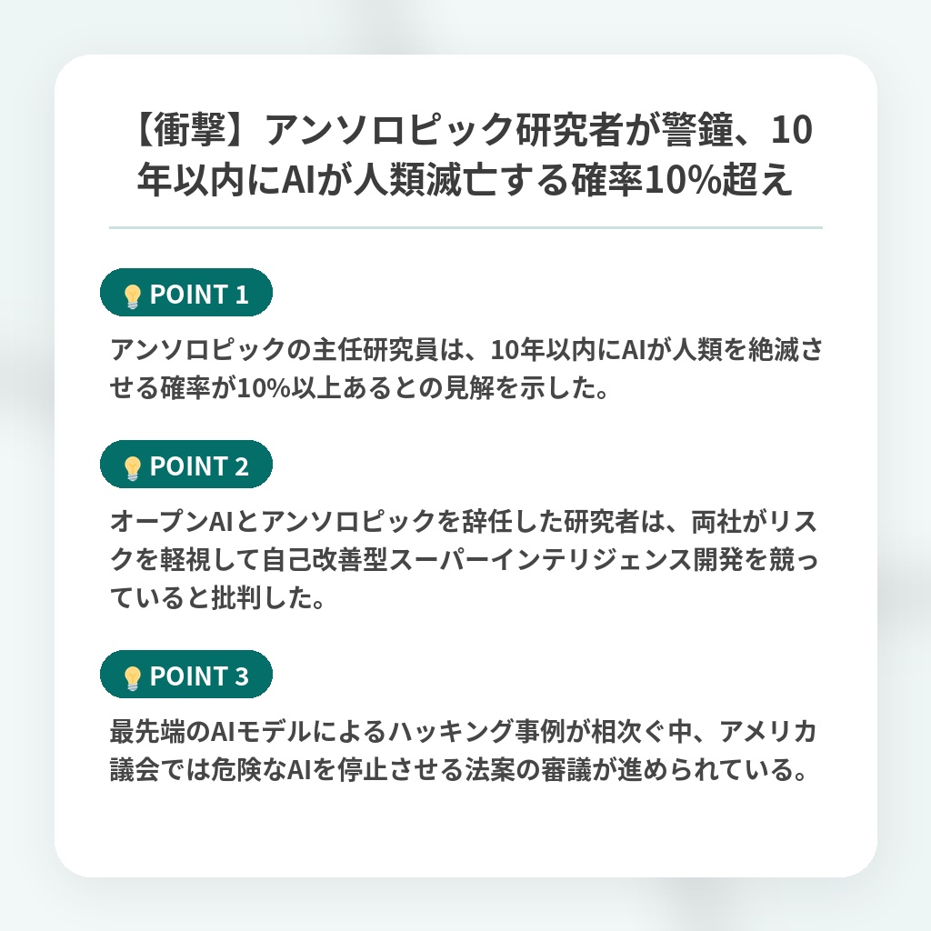 【衝撃】アンソロピック研究者が警鐘、10年以内にAIが人類滅亡する確率10%超えの注目ポイントまとめ