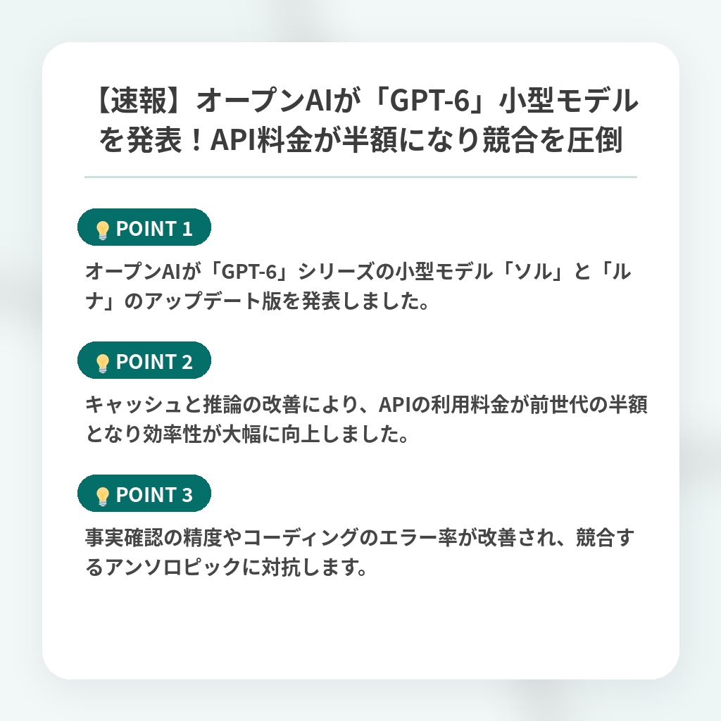 【速報】オープンAIが「GPT-6」小型モデルを発表!API料金が半額になり競合を圧倒の注目ポイントまとめ