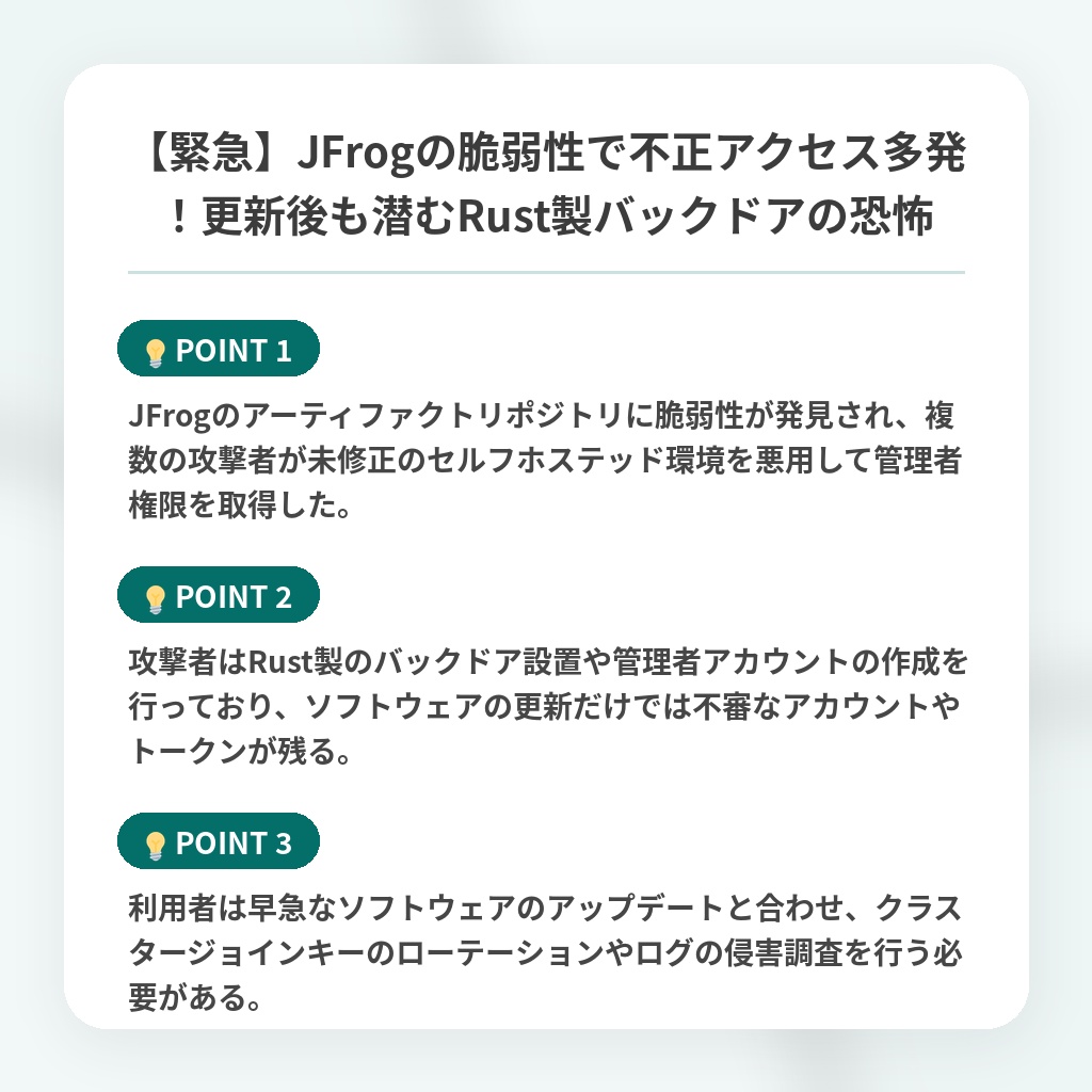【緊急】JFrogの脆弱性で不正アクセス多発！更新後も潜むRust製バックドアの恐怖の注目ポイントまとめ