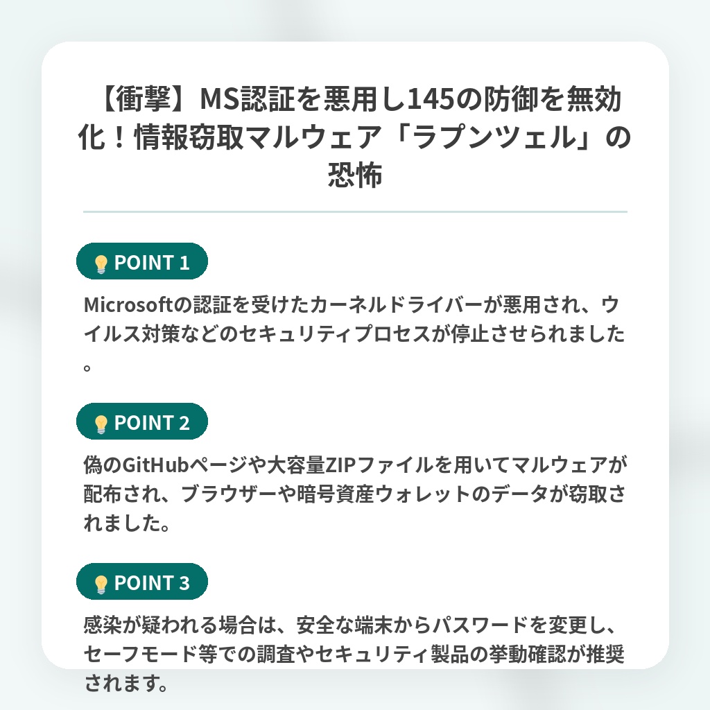 【衝撃】MS認証を悪用し145の防御を無効化!情報窃取マルウェア「ラプンツェル」の恐怖の注目ポイントまとめ