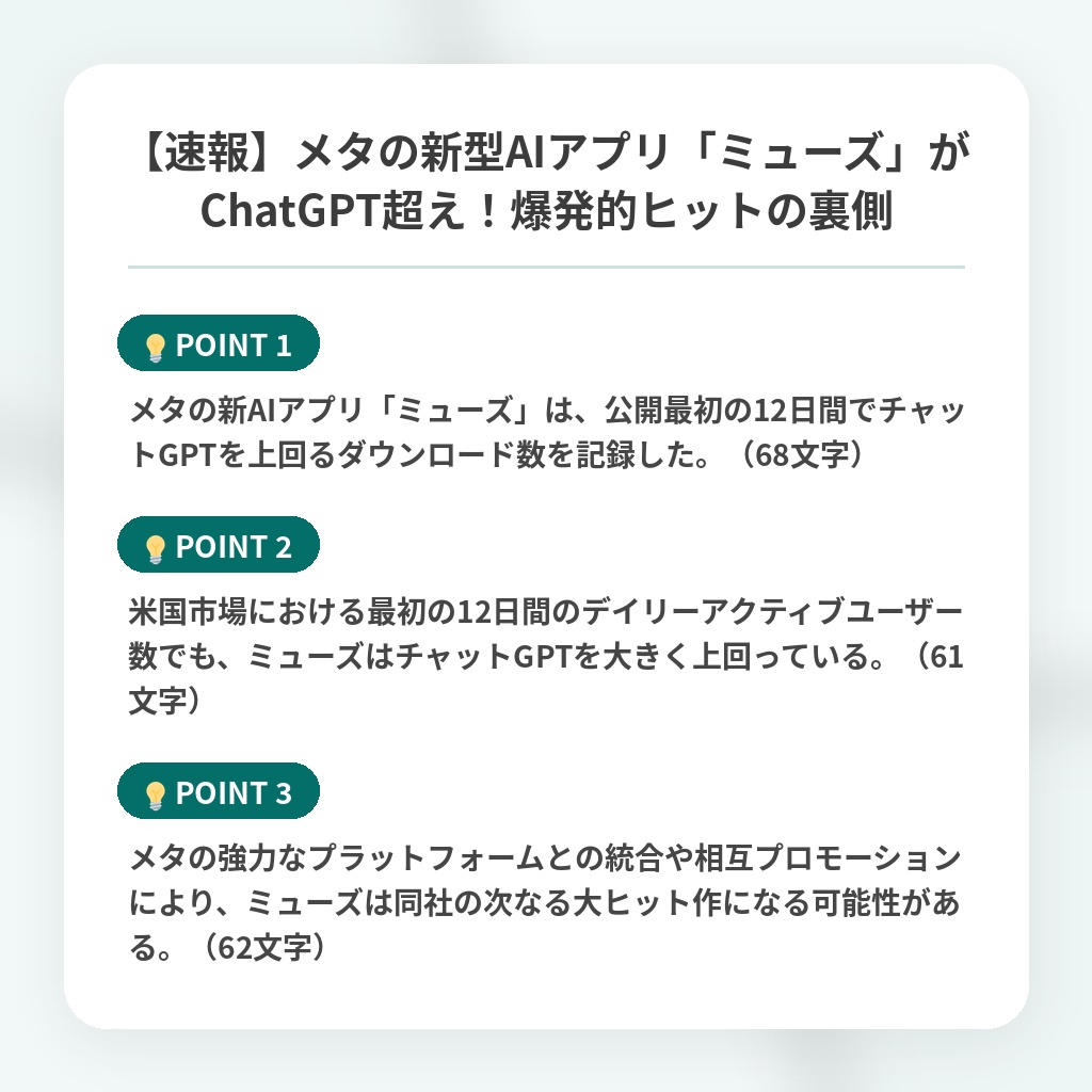 【速報】メタの新型AIアプリ「ミューズ」がChatGPT超え!爆発的ヒットの裏側の注目ポイントまとめ