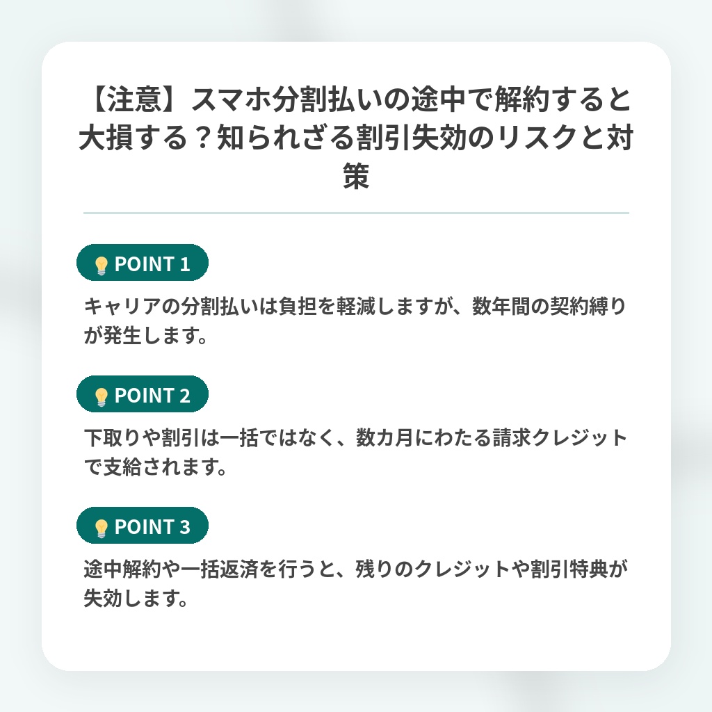 【注意】スマホ分割払いの途中で解約すると大損する？知られざる割引失効のリスクと対策の注目ポイントまとめ