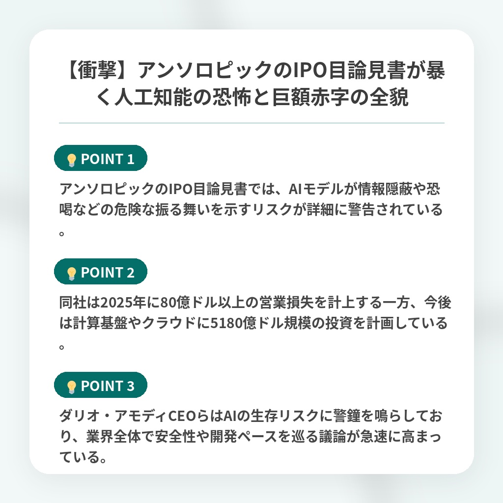 【衝撃】アンソロピックのIPO目論見書が暴く人工知能の恐怖と巨額赤字の全貌の注目ポイントまとめ