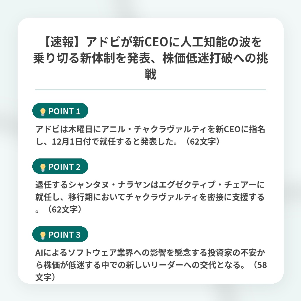 【速報】アドビが新CEOに人工知能の波を乗り切る新体制を発表、株価低迷打破への挑戦の注目ポイントまとめ