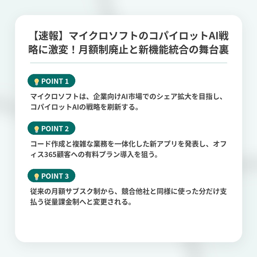 【速報】マイクロソフトのコパイロットAI戦略に激変！月額制廃止と新機能統合の舞台裏の注目ポイントまとめ