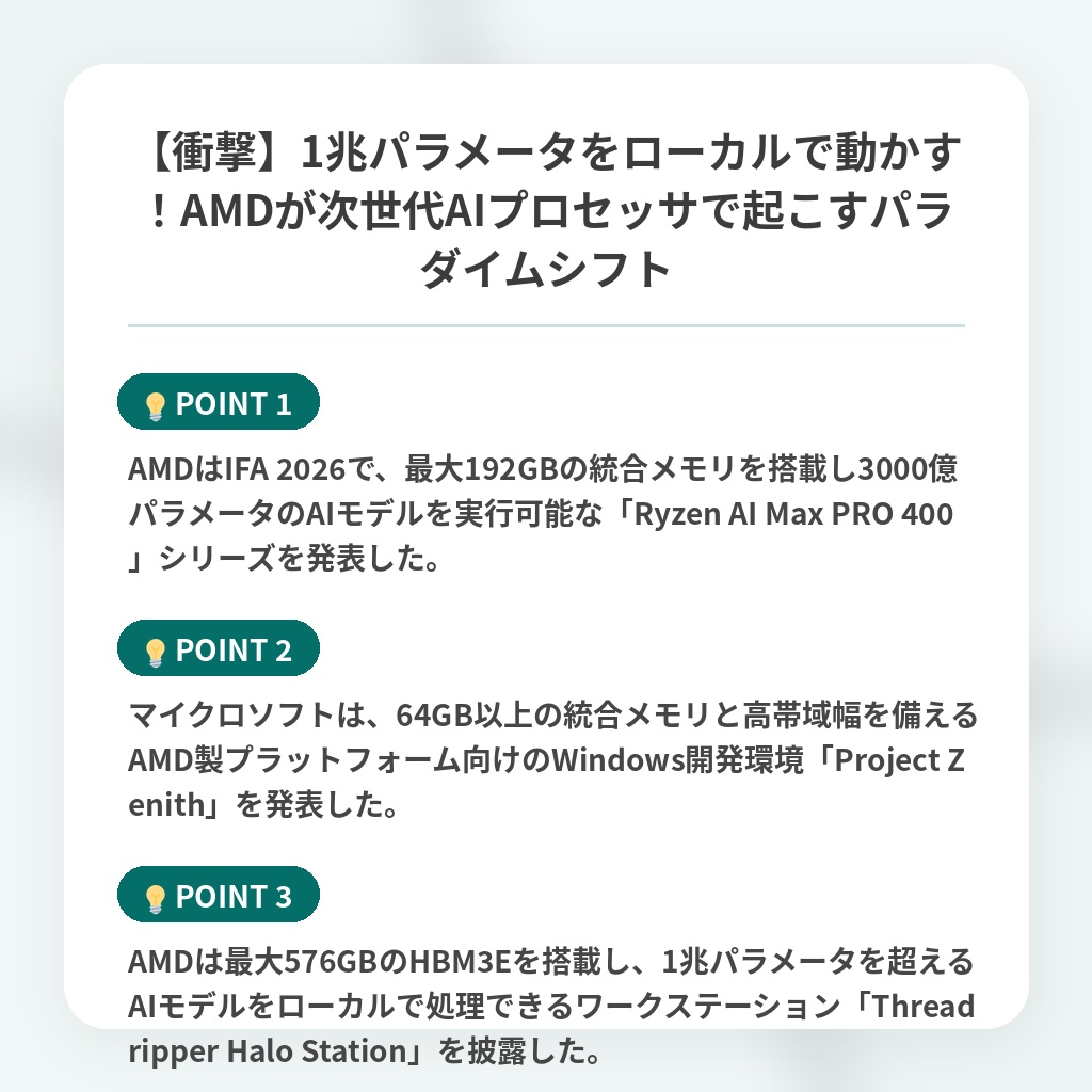 【衝撃】1兆パラメータをローカルで動かす!AMDが次世代AIプロセッサで起こすパラダイムシフトの注目ポイントまとめ