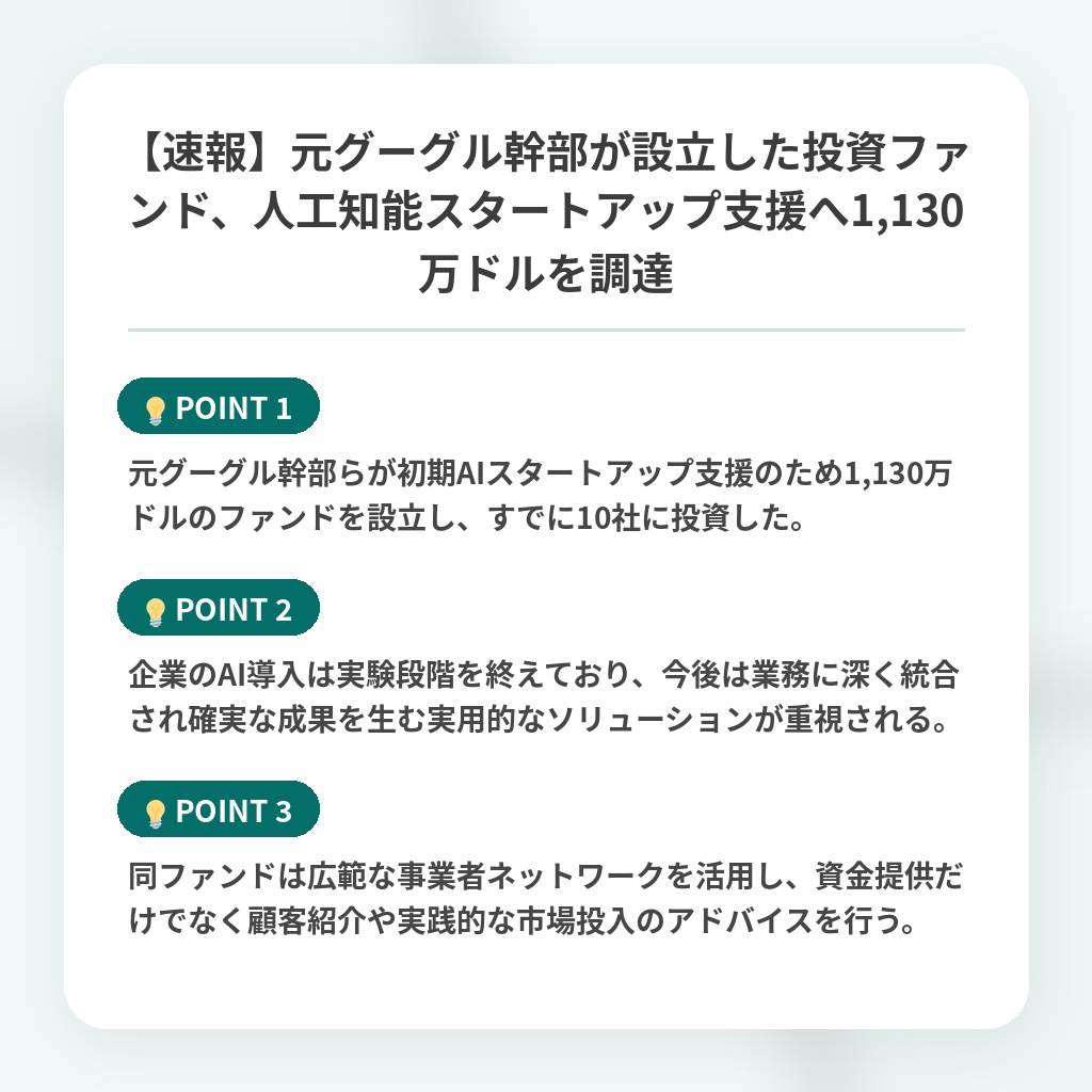【速報】元グーグル幹部が設立した投資ファンド、人工知能スタートアップ支援へ1,130万ドルを調達の注目ポイントまとめ