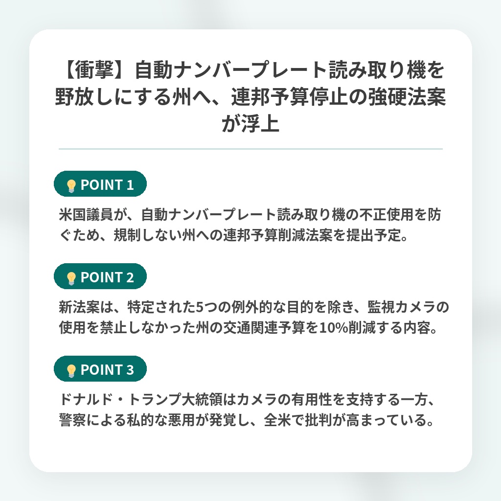 【衝撃】自動ナンバープレート読み取り機を野放しにする州へ、連邦予算停止の強硬法案が浮上の注目ポイントまとめ
