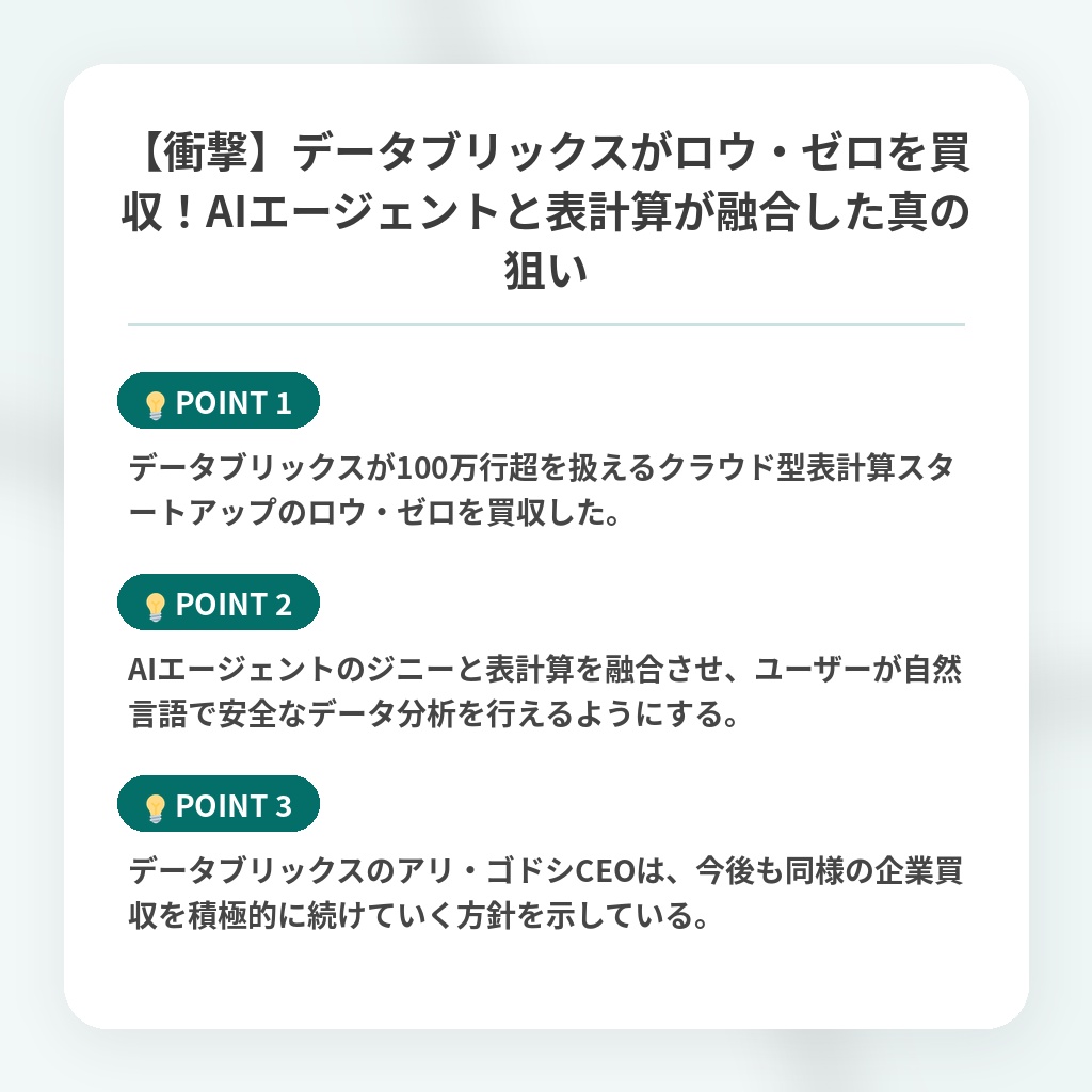 【衝撃】データブリックスがロウ・ゼロを買収!AIエージェントと表計算が融合した真の狙いの注目ポイントまとめ