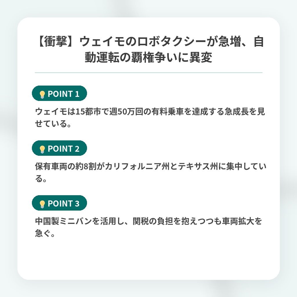 【衝撃】ウェイモのロボタクシーが急増、自動運転の覇権争いに異変の注目ポイントまとめ
