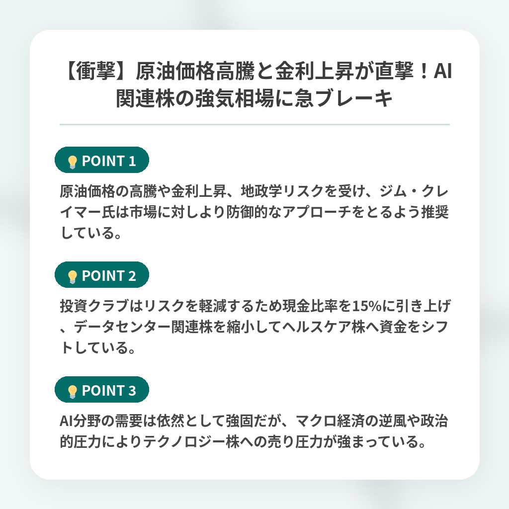 【衝撃】原油価格高騰と金利上昇が直撃！AI関連株の強気相場に急ブレーキの注目ポイントまとめ