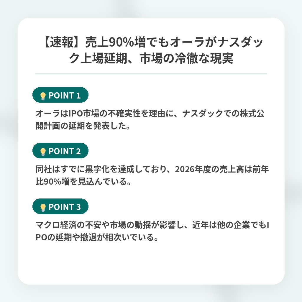 【速報】売上90%増でもオーラがナスダック上場延期、市場の冷徹な現実の注目ポイントまとめ