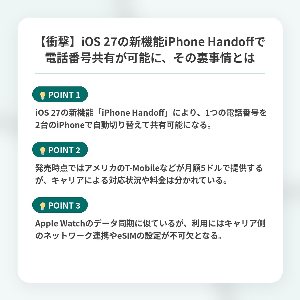 【衝撃】iOS 27の新機能iPhone Handoffで電話番号共有が可能に、その裏事情とはの注目ポイントまとめ