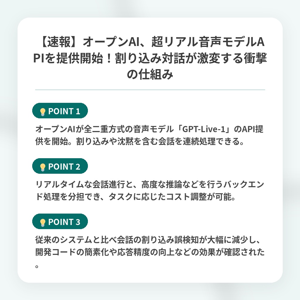 【速報】オープンAI、超リアル音声モデルAPIを提供開始!割り込み対話が激変する衝撃の仕組みの注目ポイントまとめ
