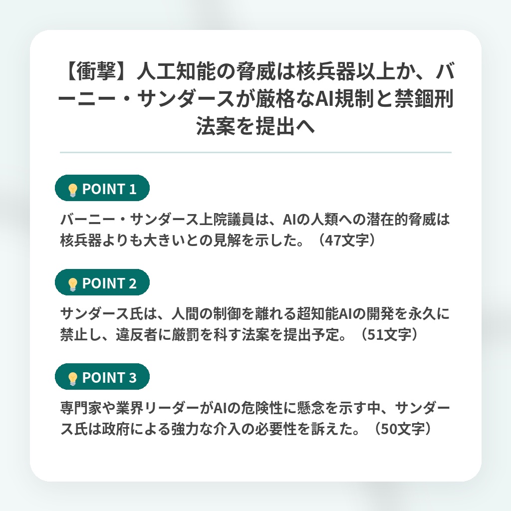 【衝撃】人工知能の脅威は核兵器以上か、バーニー・サンダースが厳格なAI規制と禁錮刑法案を提出への注目ポイントまとめ
