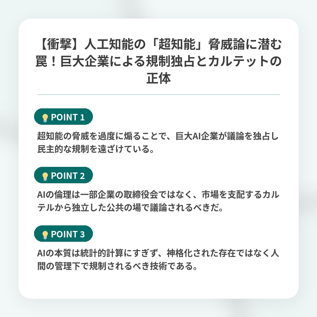 【衝撃】人工知能の「超知能」脅威論に潜む罠!巨大企業による規制独占とカルテットの正体の注目ポイントまとめ