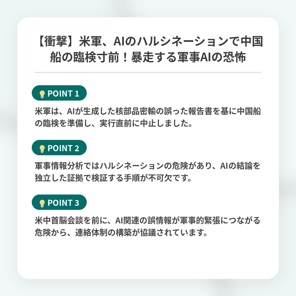 【衝撃】米軍、AIのハルシネーションで中国船の臨検寸前！暴走する軍事AIの恐怖の注目ポイントまとめ
