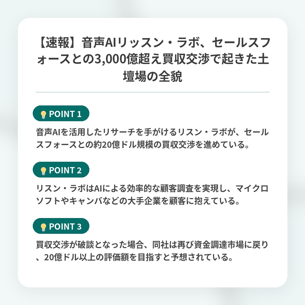 【速報】音声AIリッスン・ラボ、セールスフォースとの3,000億超え買収交渉で起きた土壇場の全貌の注目ポイントまとめ