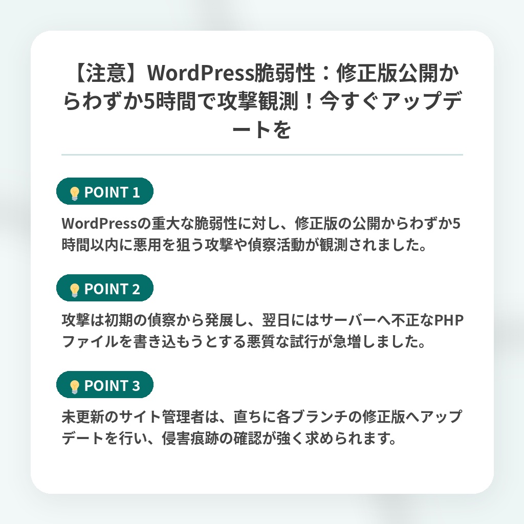 【注意】WordPress脆弱性:修正版公開からわずか5時間で攻撃観測!今すぐアップデートをの注目ポイントまとめ