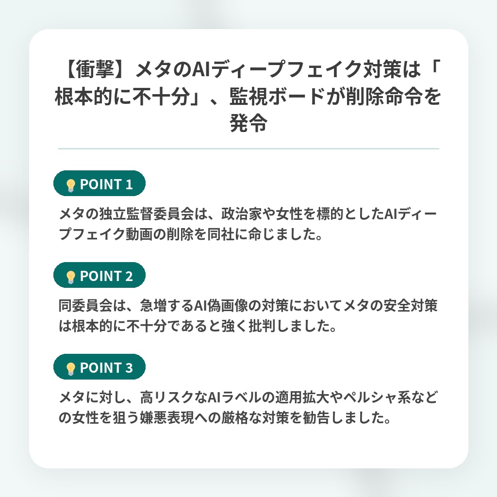 【衝撃】メタのAIディープフェイク対策は「根本的に不十分」、監視ボードが削除命令を発令の注目ポイントまとめ