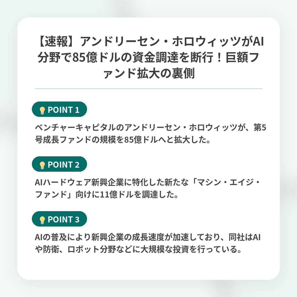 【速報】アンドリーセン・ホロウィッツがAI分野で85億ドルの資金調達を断行！巨額ファンド拡大の裏側の注目ポイントまとめ