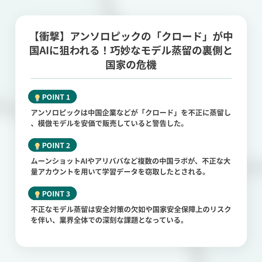 【衝撃】アンソロピックの「クロード」が中国AIに狙われる！巧妙なモデル蒸留の裏側と国家の危機の注目ポイントまとめ