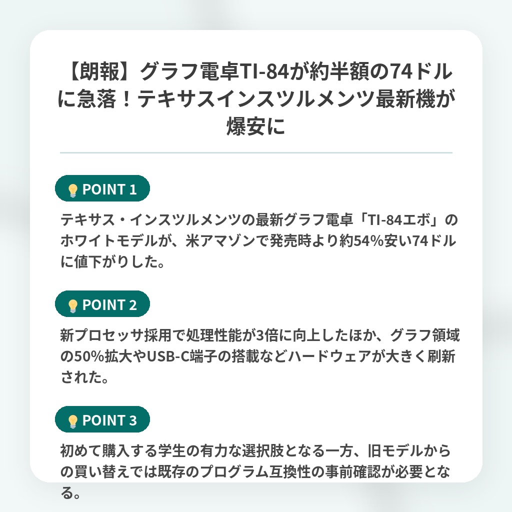 【朗報】グラフ電卓TI-84が約半額の74ドルに急落!テキサスインスツルメンツ最新機が爆安にの注目ポイントまとめ