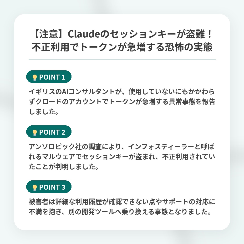【注意】Claudeのセッションキーが盗難!不正利用でトークンが急増する恐怖の実態の注目ポイントまとめ