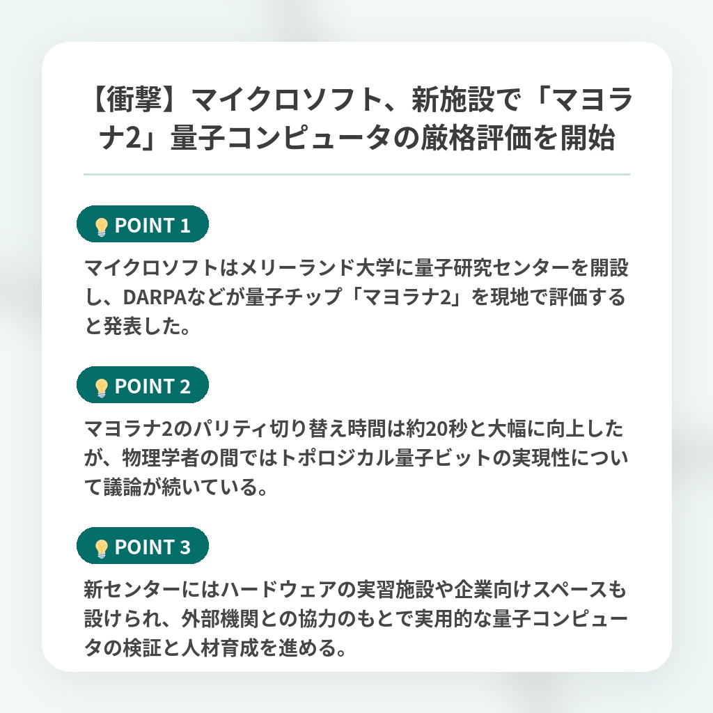 【衝撃】マイクロソフト、新施設で「マヨラナ2」量子コンピュータの厳格評価を開始の注目ポイントまとめ