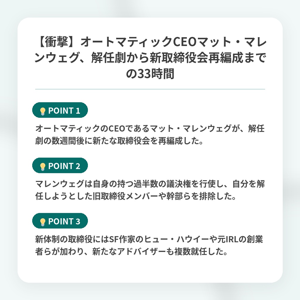 【衝撃】オートマティックCEOマット・マレンウェグ、解任劇から新取締役会再編成までの33時間の注目ポイントまとめ