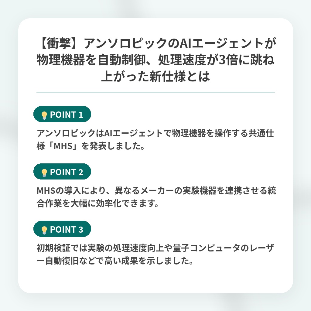 【衝撃】アンソロピックのAIエージェントが物理機器を自動制御、処理速度が3倍に跳ね上がった新仕様とはの注目ポイントまとめ
