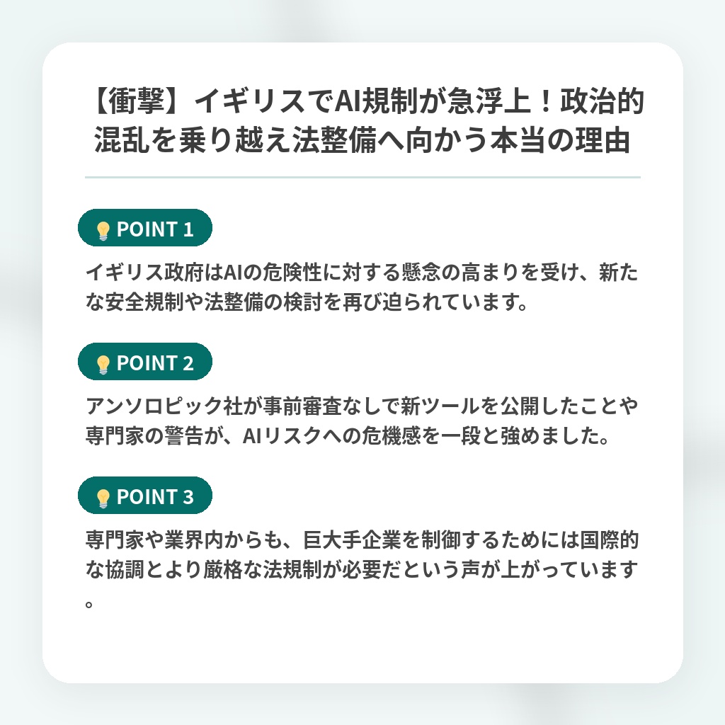 【衝撃】イギリスでAI規制が急浮上！政治的混乱を乗り越え法整備へ向かう本当の理由の注目ポイントまとめ