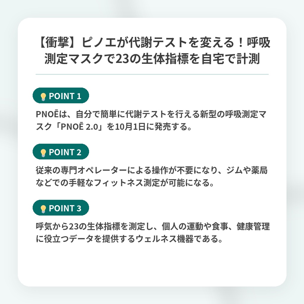 【衝撃】ピノエが代謝テストを変える!呼吸測定マスクで23の生体指標を自宅で計測の注目ポイントまとめ
