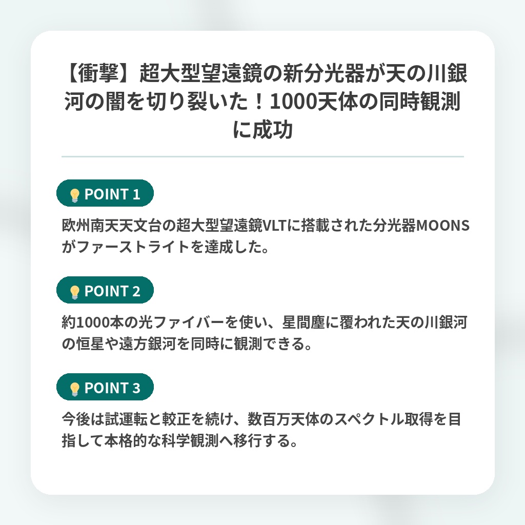 【衝撃】超大型望遠鏡の新分光器が天の川銀河の闇を切り裂いた!1000天体の同時観測に成功の注目ポイントまとめ