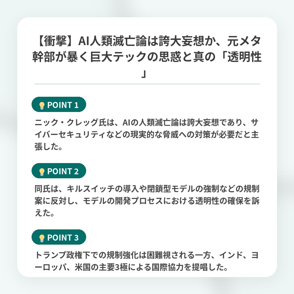 【衝撃】AI人類滅亡論は誇大妄想か、元メタ幹部が暴く巨大テックの思惑と真の「透明性」の注目ポイントまとめ