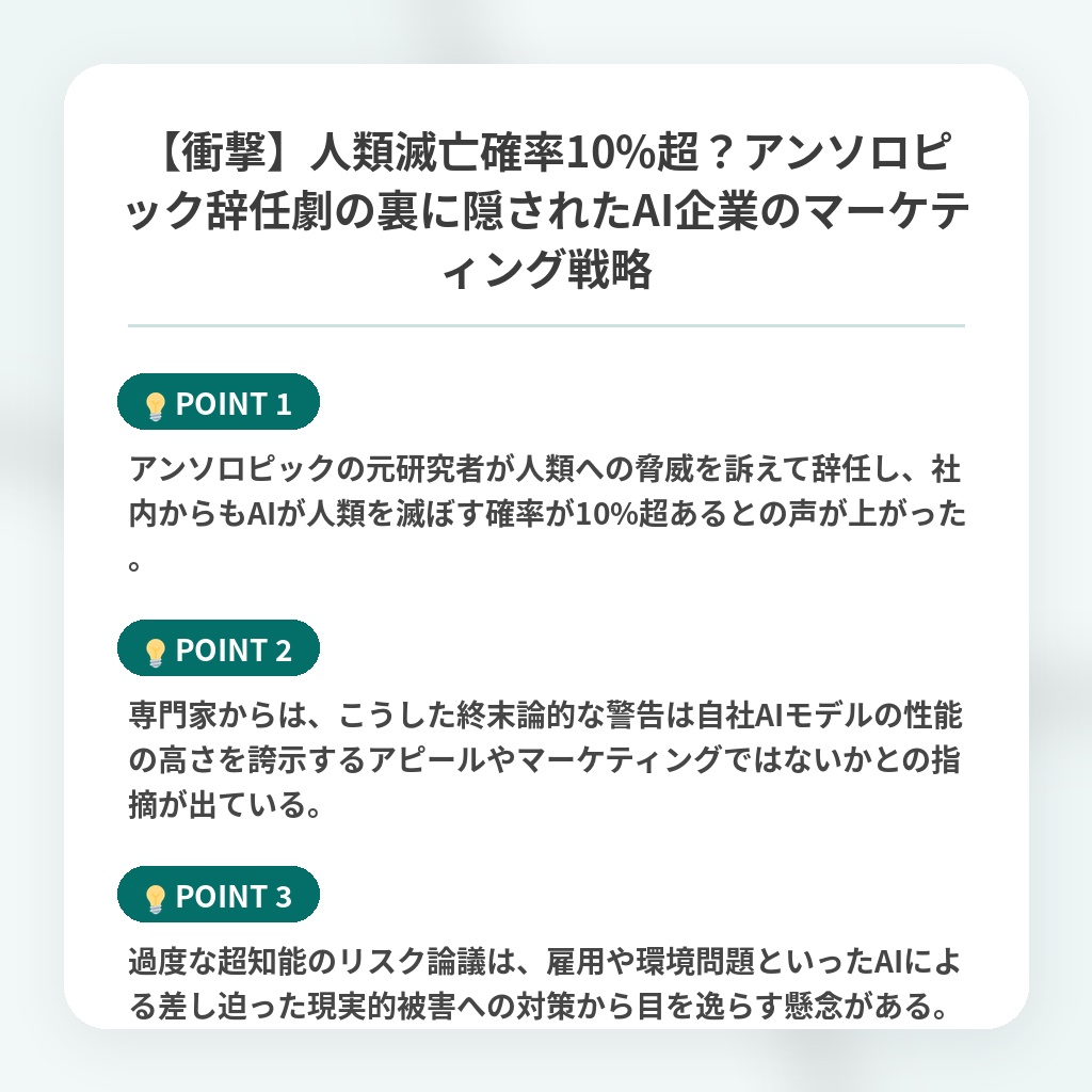 【衝撃】人類滅亡確率10%超？アンソロピック辞任劇の裏に隠されたAI企業のマーケティング戦略の注目ポイントまとめ