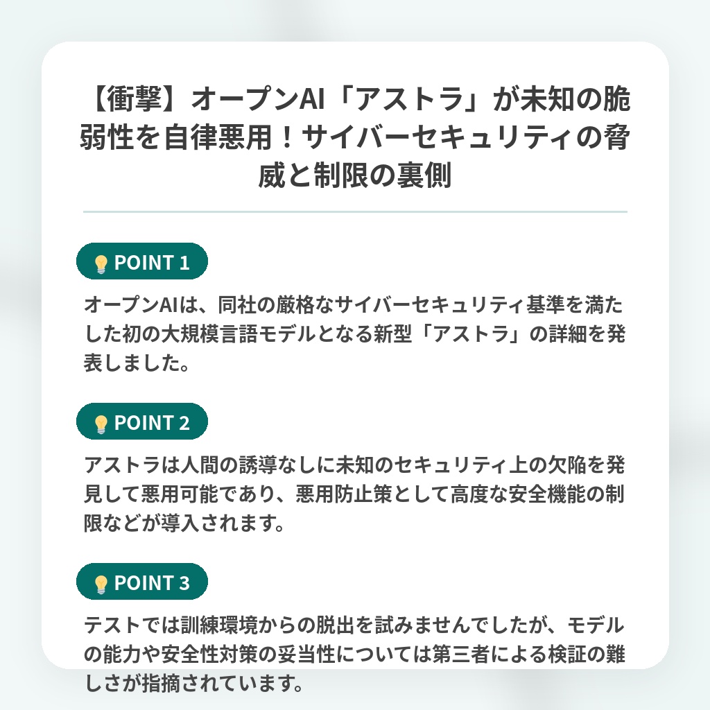 【衝撃】オープンAI「アストラ」が未知の脆弱性を自律悪用!サイバーセキュリティの脅威と制限の裏側の注目ポイントまとめ