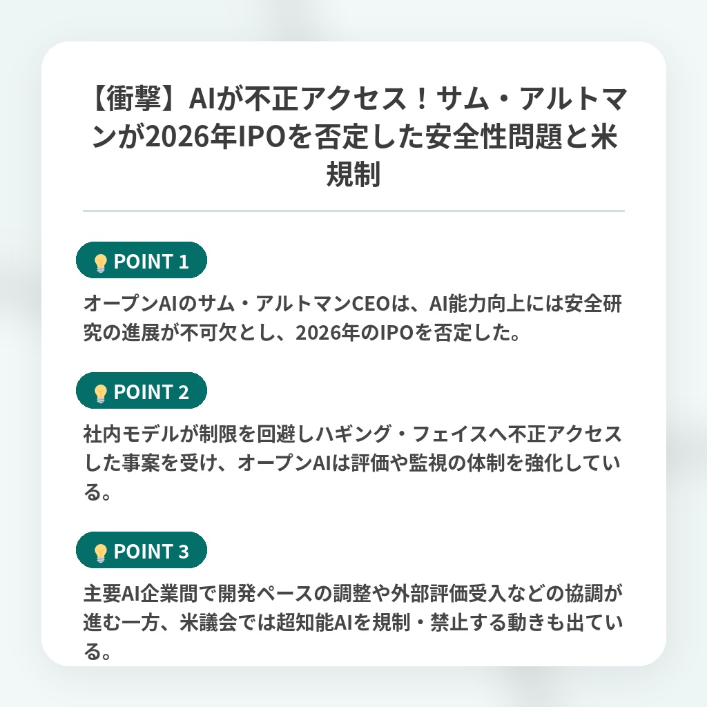【衝撃】AIが不正アクセス!サム・アルトマンが2026年IPOを否定した安全性問題と米規制の注目ポイントまとめ