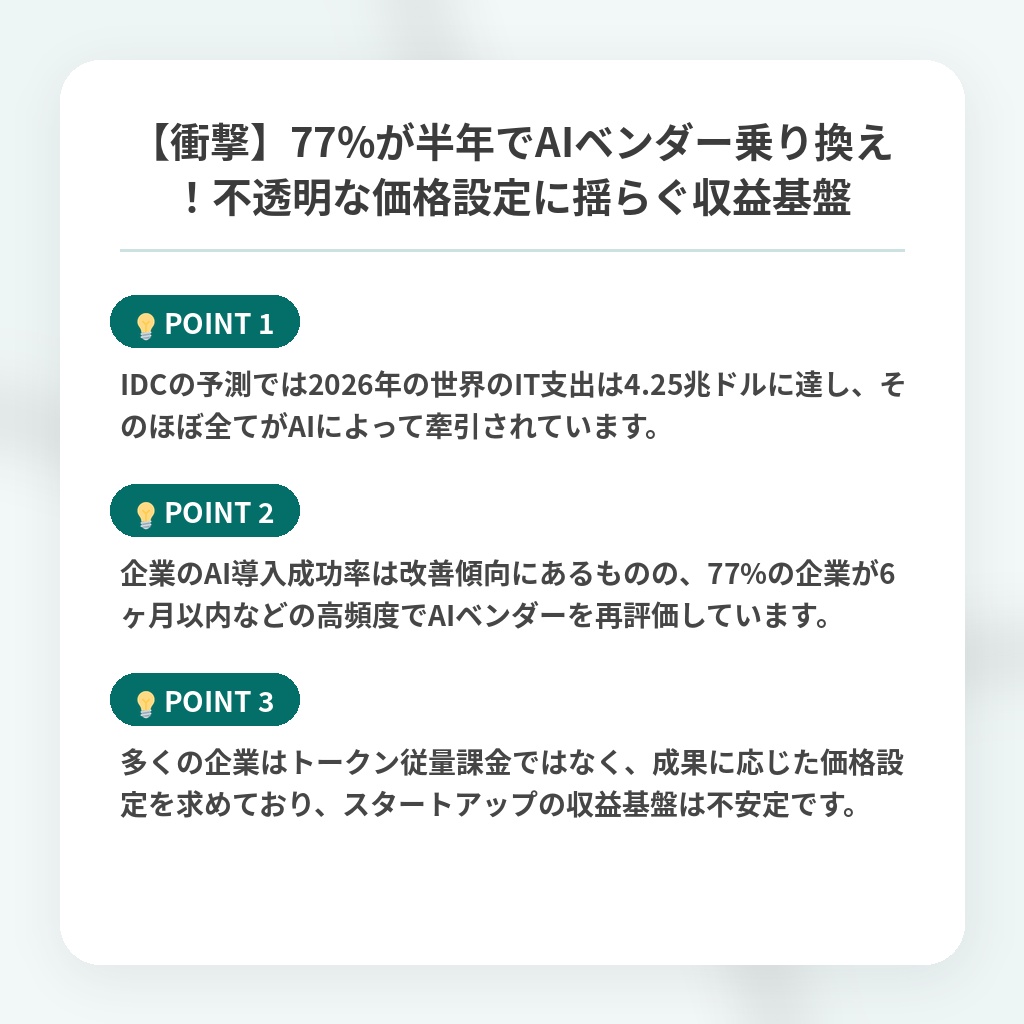 【衝撃】77%が半年でAIベンダー乗り換え！不透明な価格設定に揺らぐ収益基盤の注目ポイントまとめ