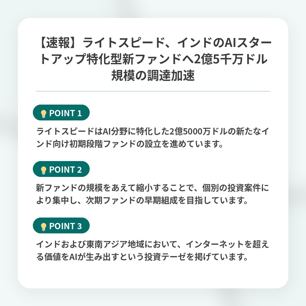 【速報】ライトスピード、インドのAIスタートアップ特化型新ファンドへ2億5千万ドル規模の調達加速の注目ポイントまとめ